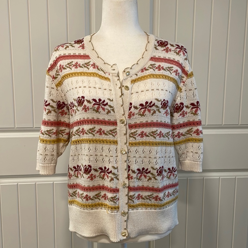 St. Michael From Marks & Spencer VTG Floral Pointelle Knit Cardigan